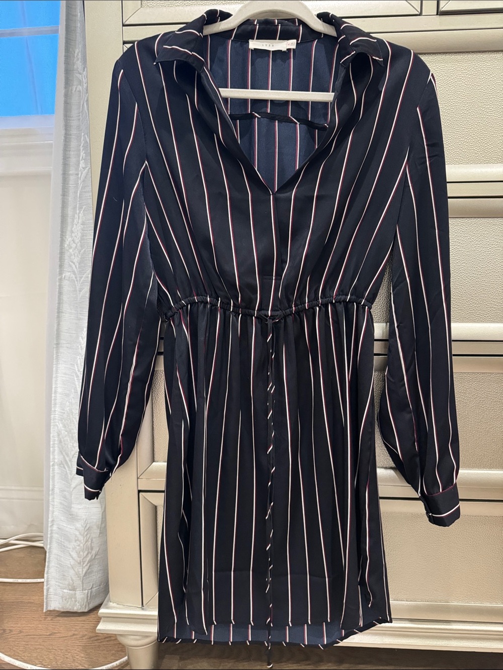 Lush Black Long-Sleeve Striped Satin Shirt Dress